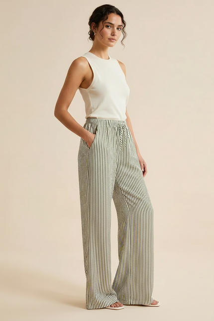 Pantalon Patte D'Éléphant Rayé Fluide Taille Haute Décontracté - Imprimé Lin