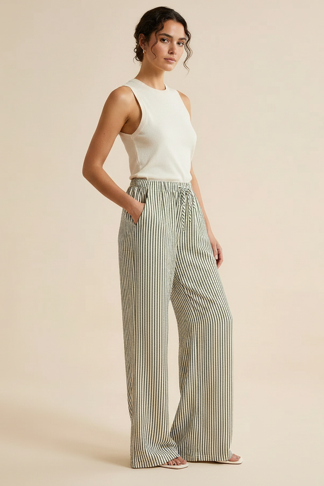 Pantalon Patte D'Éléphant Rayé Fluide Taille Haute Décontracté - Imprimé Lin