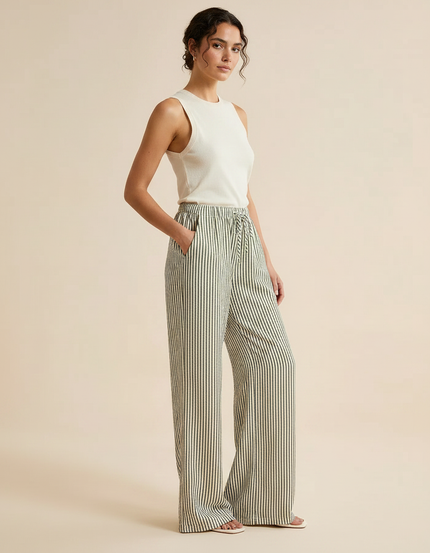 Pantalon Patte D'Éléphant Rayé Fluide Taille Haute Décontracté - Imprimé Lin