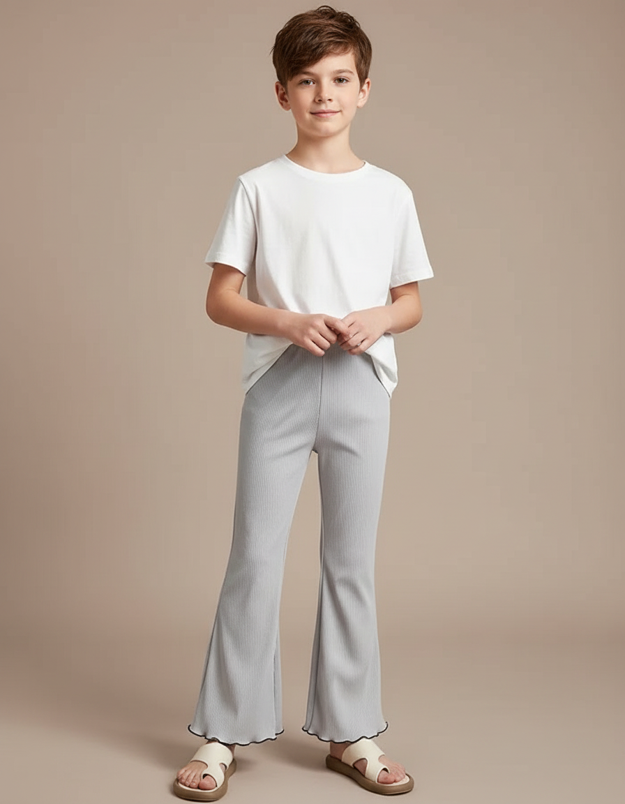 Pantalon Patte D'Éléphant Gris Côtelé Confortable Ondulé Enfant - Maille