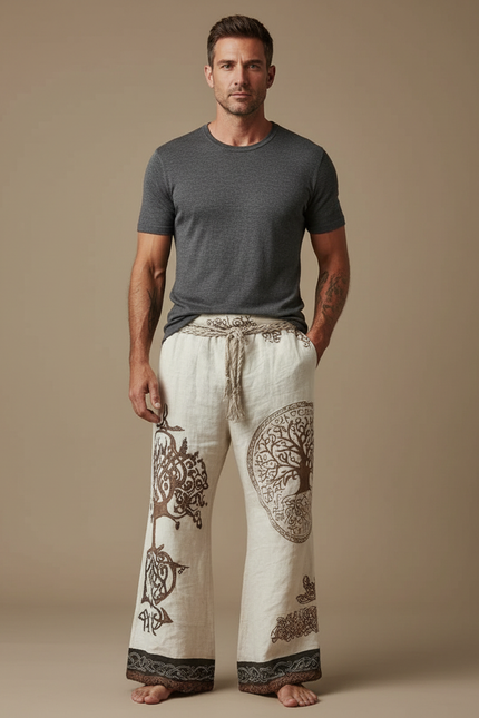Pantalon Patte D'Éléphant Lin Imprimé Arbre Ethnique Ample - Beige