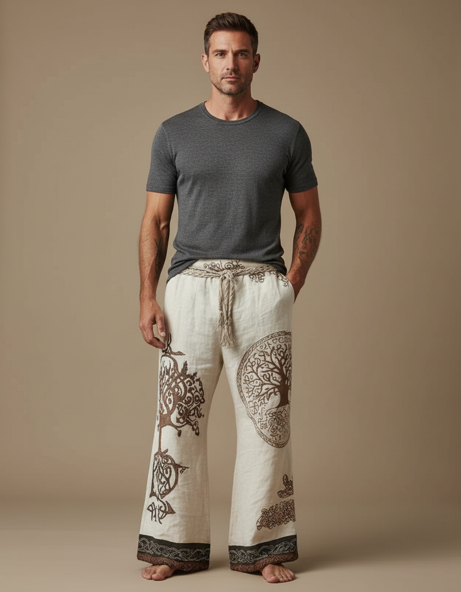 Pantalon Patte D'Éléphant Lin Imprimé Arbre Ethnique Ample - Beige
