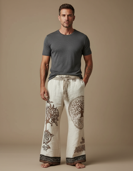 Pantalon Patte D'Éléphant Lin Imprimé Arbre Ethnique Ample - Beige