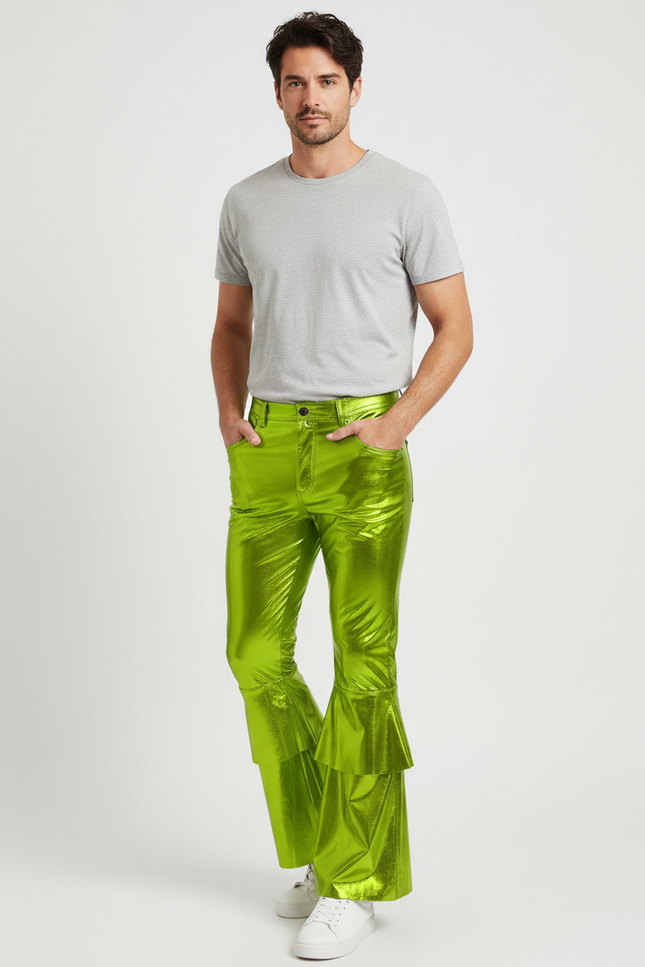 Pantalon Patte D'Éléphant Vert Métallique Brillant Évasé Homme - Polyester