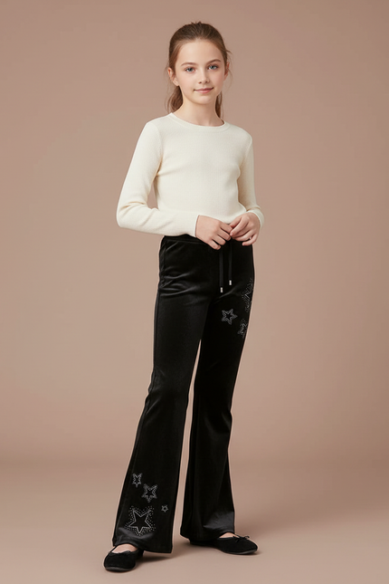 Pantalon Patte D'Éléphant Noir Velours Étoiles Strass Fille