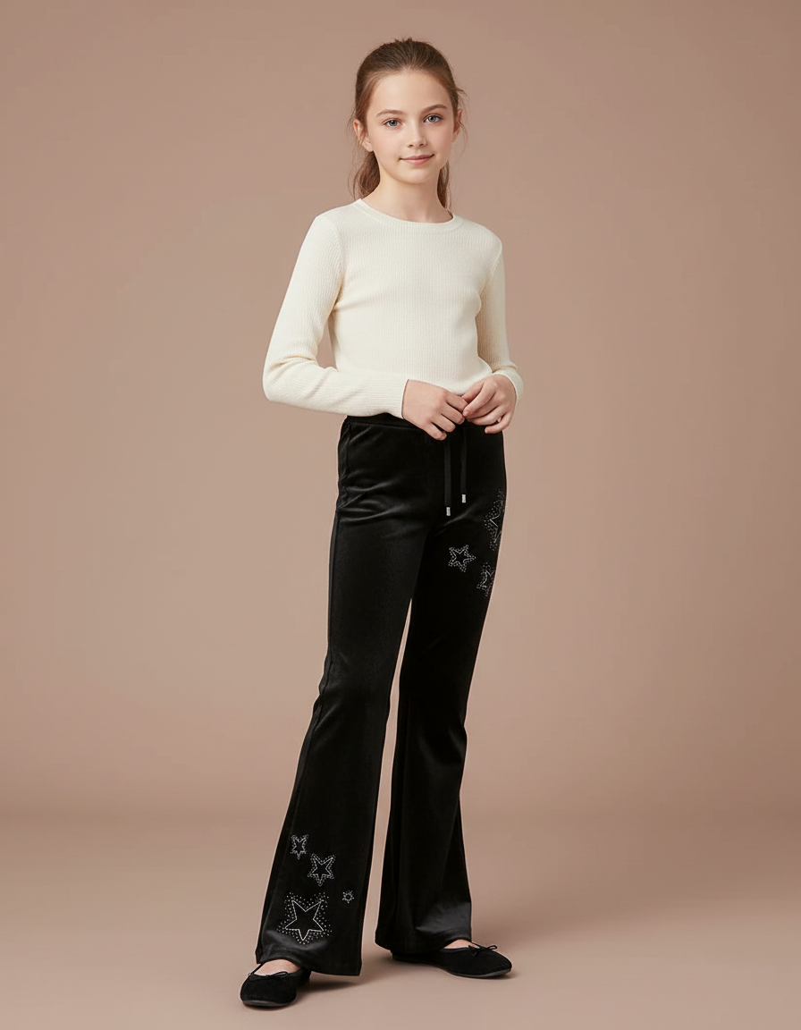 Pantalon Patte D'Éléphant Noir Velours Étoiles Strass Fille
