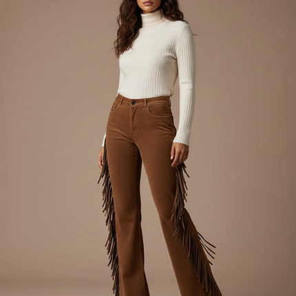 Pantalon Patte D'Éléphant Marron Franges Daim Vintage Femme - Cordé