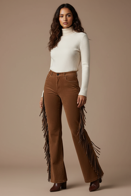 Pantalon Patte D'Éléphant Marron Franges Daim Vintage Femme - Cordé