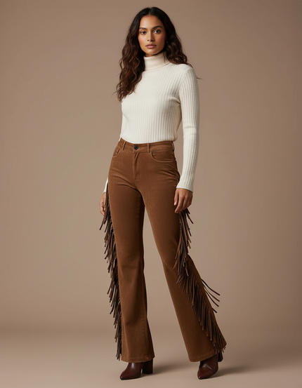 Pantalon Patte D'Éléphant Marron Franges Daim Vintage Femme - Cordé