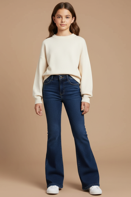 Pantalon Patte D'Éléphant Denim Bleu Stretch Taille Haute - Marine Jean