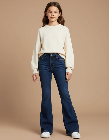 Pantalon Patte D'Éléphant Denim Bleu Stretch Taille Haute - Marine Jean