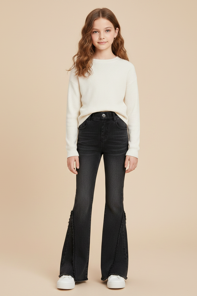 Pantalon Patte D'Éléphant Noir Délavé Franges Fille - Jean