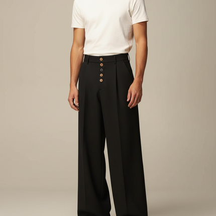Pantalon Patte D'Éléphant Noir Plissé Boutons Visibles Homme - Gabardine