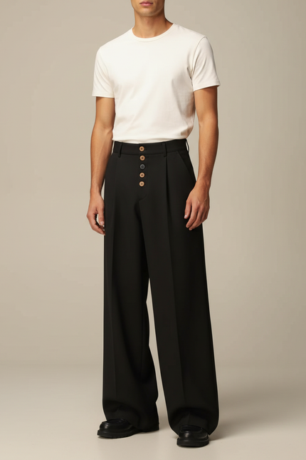 Pantalon Patte D'Éléphant Noir Plissé Boutons Visibles Homme - Gabardine