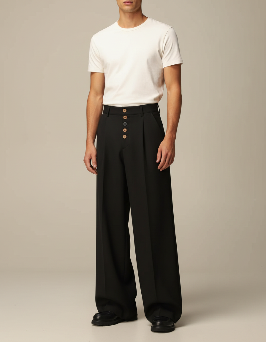 Pantalon Patte D'Éléphant Noir Plissé Boutons Visibles Homme - Gabardine