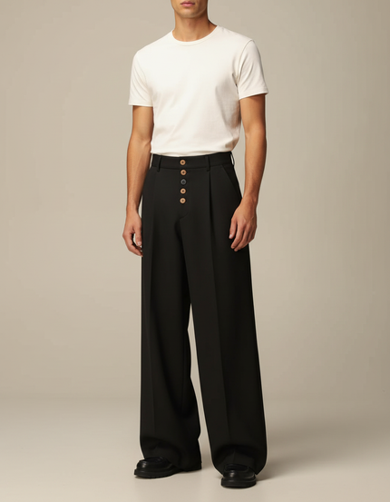 Pantalon Patte D'Éléphant Noir Plissé Boutons Visibles Homme - Gabardine
