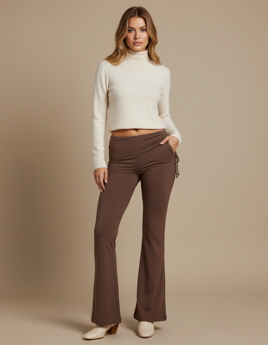 Pantalon Patte D'Éléphant Marron Taille Haute Décontracté Côtelé - Maille