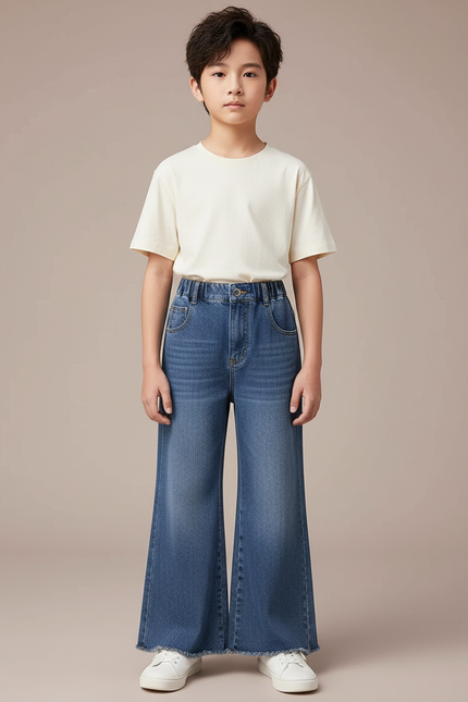 Pantalon Patte D'Éléphant Denim Bleu Évasé Frangé Enfant - Jean