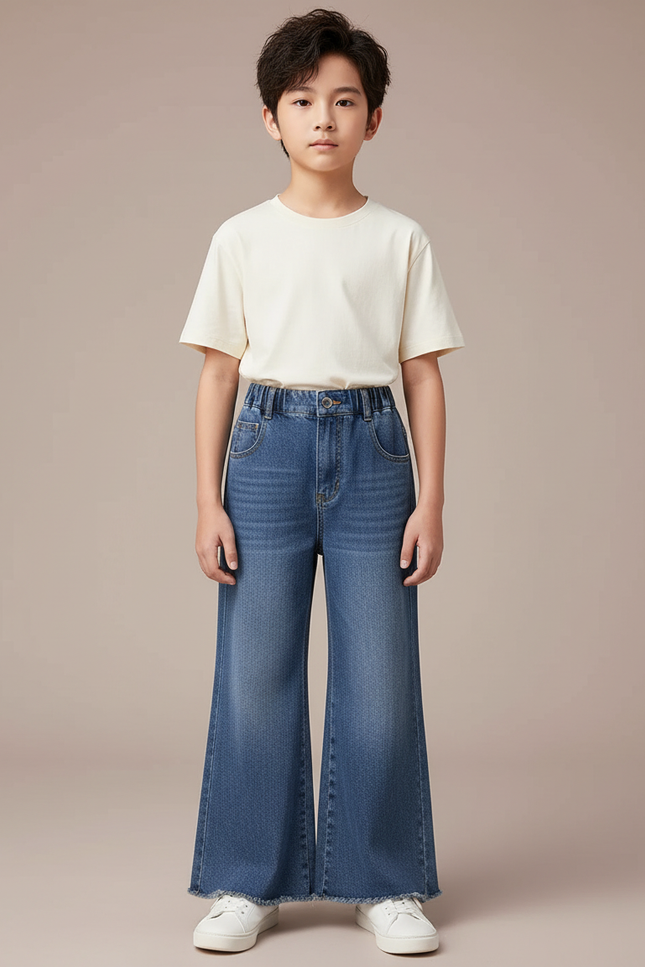 Pantalon Patte D'Éléphant Denim Bleu Évasé Frangé Enfant - Jean
