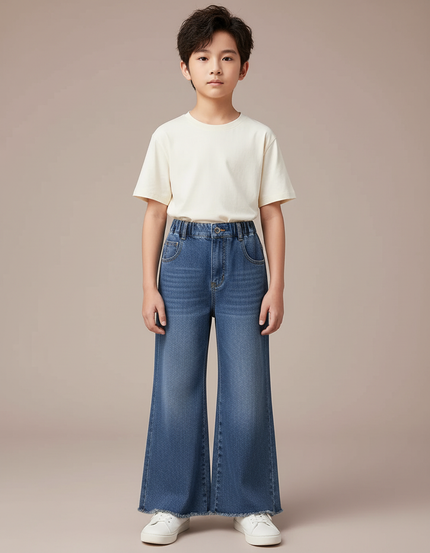 Pantalon Patte D'Éléphant Denim Bleu Évasé Frangé Enfant - Jean