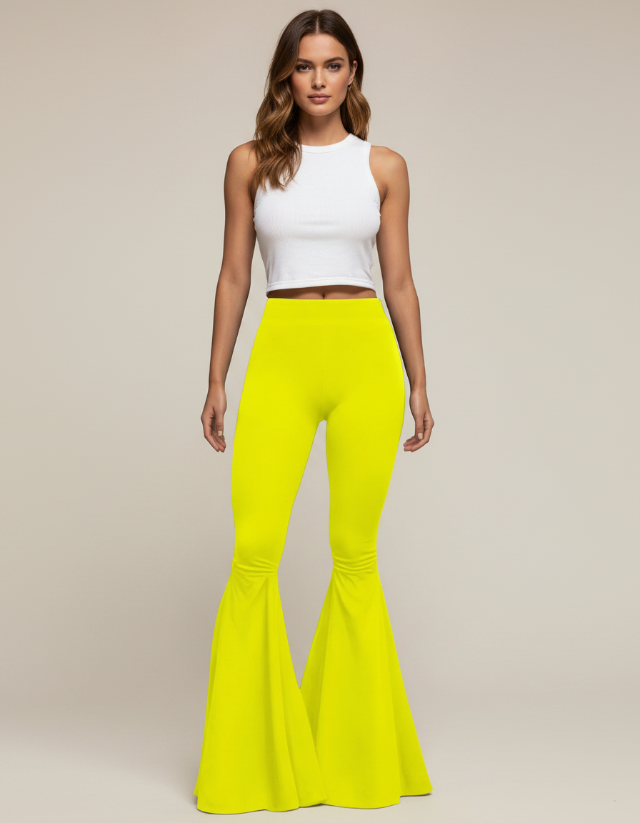 Pantalon Patte D'Éléphant Jaune Élastique Taille Haute Fluide - Maille