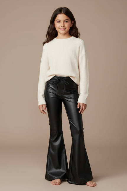 Pantalon Patte D'Éléphant Noir Similicuir Évasé Lacets Fille - Simili cuir