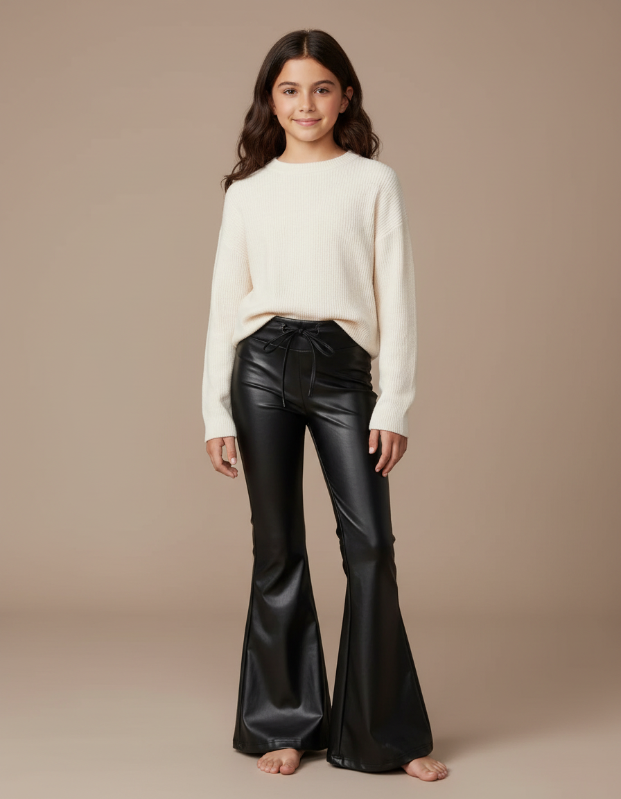 Pantalon Patte D'Éléphant Noir Similicuir Évasé Lacets Fille - Simili cuir