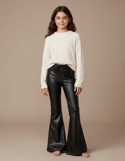 Pantalon Patte D'Éléphant Noir Similicuir Évasé Lacets Fille - Simili cuir