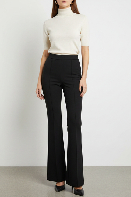 Pantalon Patte D'Éléphant Noir Évasé Élégant Taille Haute - Polyester
