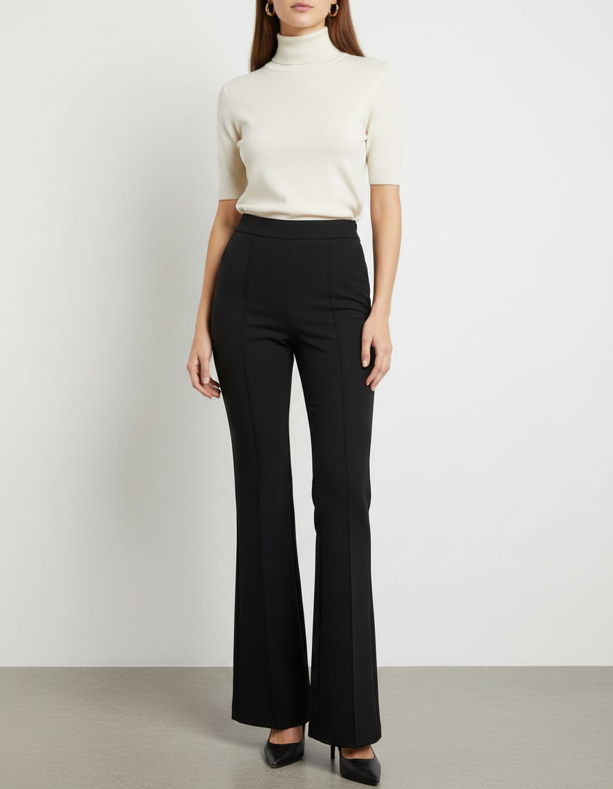 Pantalon Patte D'Éléphant Noir Évasé Élégant Taille Haute - Polyester