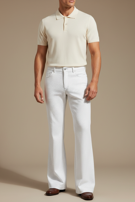 Pantalon Patte D'Éléphant Blanc Côtelé Vintage Décontracté Homme - Cordé