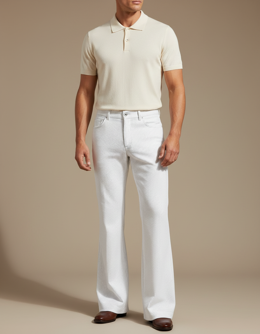 Pantalon Patte D'Éléphant Blanc Côtelé Vintage Décontracté Homme - Cordé