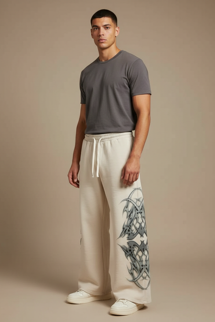 Pantalon Patte D'Éléphant Écru Coton Ample Tribal Gothique - Beige Molleton