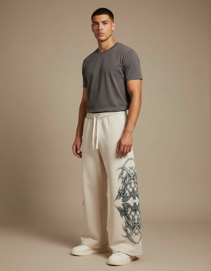 Pantalon Patte D'Éléphant Écru Coton Ample Tribal Gothique - Beige Molleton