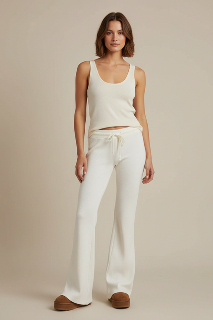 Pantalon Patte D'Éléphant Blanc Cassé Côtelé Confortable Décontracté Femme - Maille