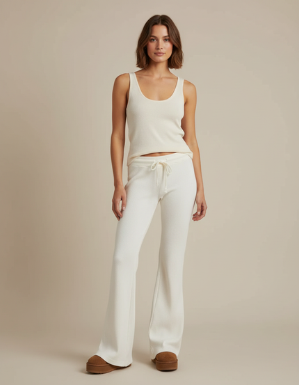 Pantalon Patte D'Éléphant Blanc Cassé Côtelé Confortable Décontracté Femme - Maille