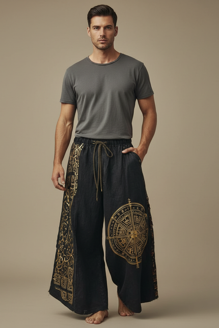 Pantalon Patte D'Éléphant Noir Ample Imprimé Ethnique Doré - Jean