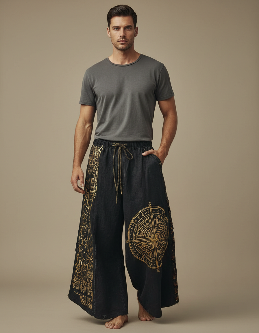 Pantalon Patte D'Éléphant Noir Ample Imprimé Ethnique Doré - Jean