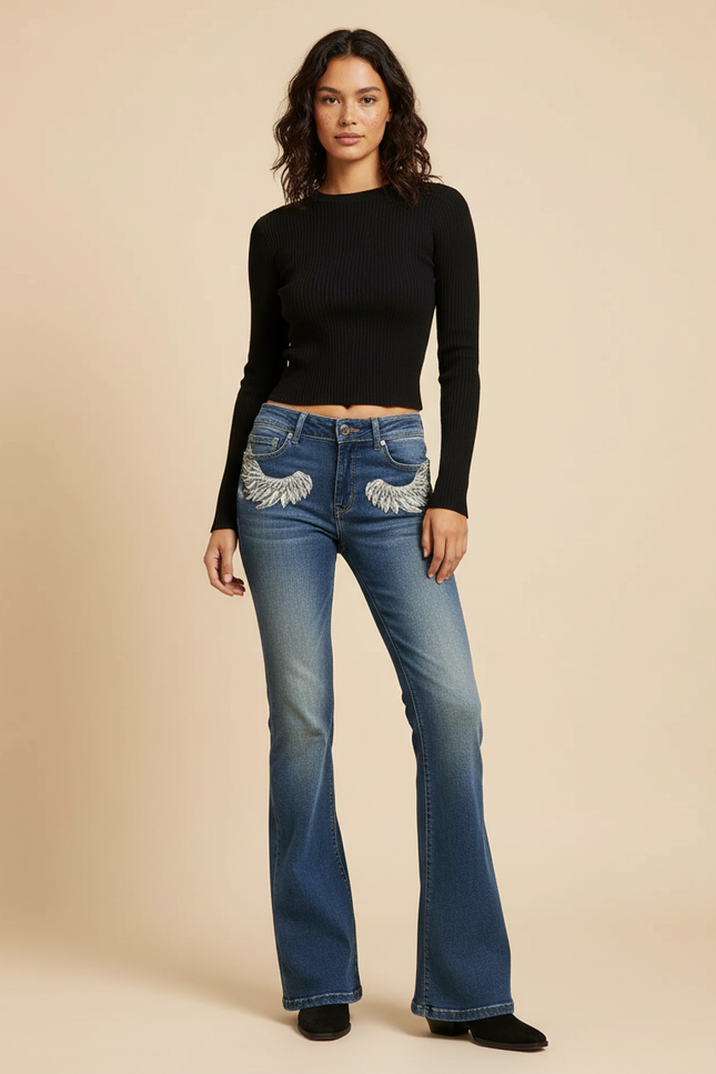 Pantalon Patte D'Éléphant Jean Bleu Brodé Taille Basse