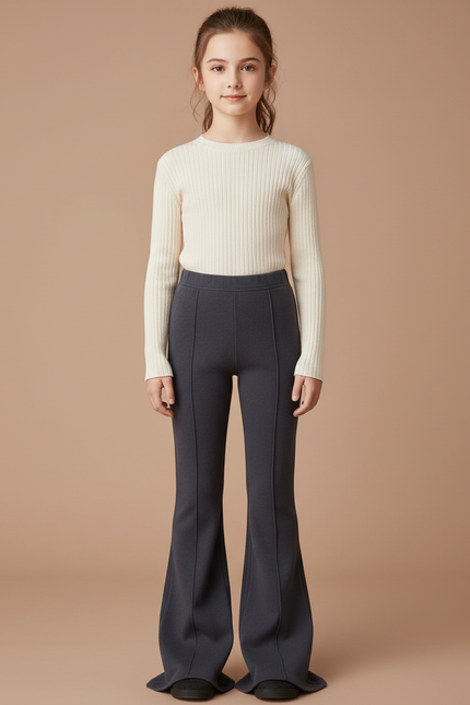 Pantalon Patte D'Éléphant Gris Côtelé Évasé Fille Élégant - Maille