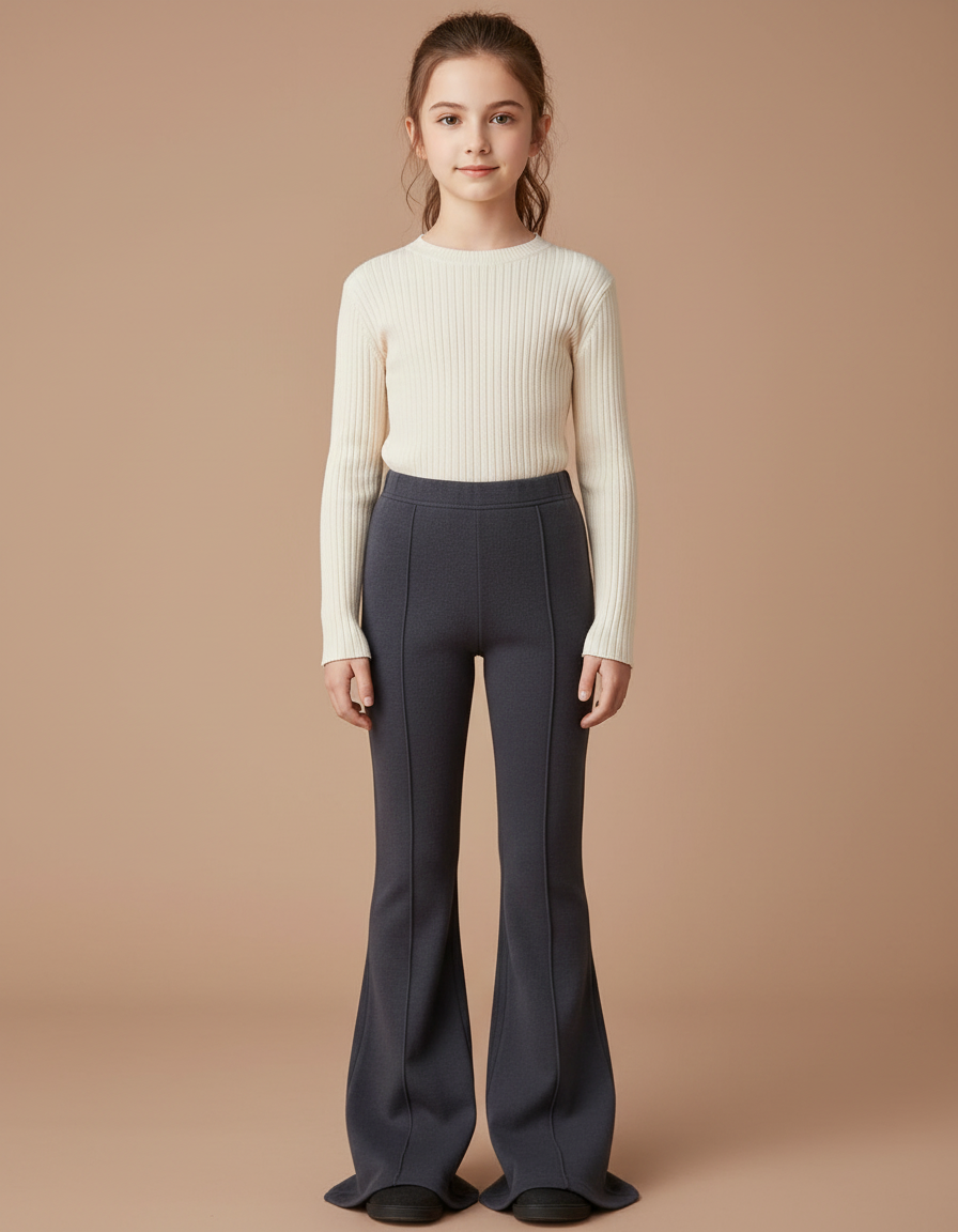 Pantalon Patte D'Éléphant Gris Côtelé Évasé Fille Élégant - Maille