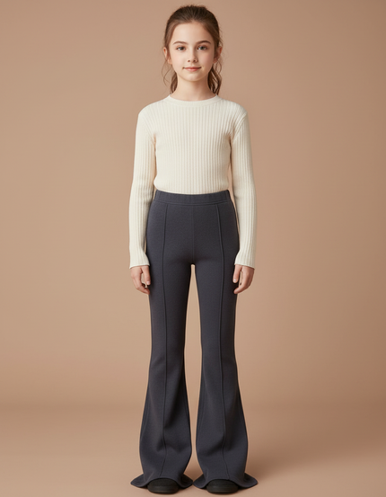 Pantalon Patte D'Éléphant Gris Côtelé Évasé Fille Élégant - Maille