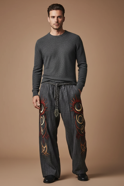 Pantalon Patte D'Éléphant Gris Brodé Ethnique Ample Décontracté - Lin