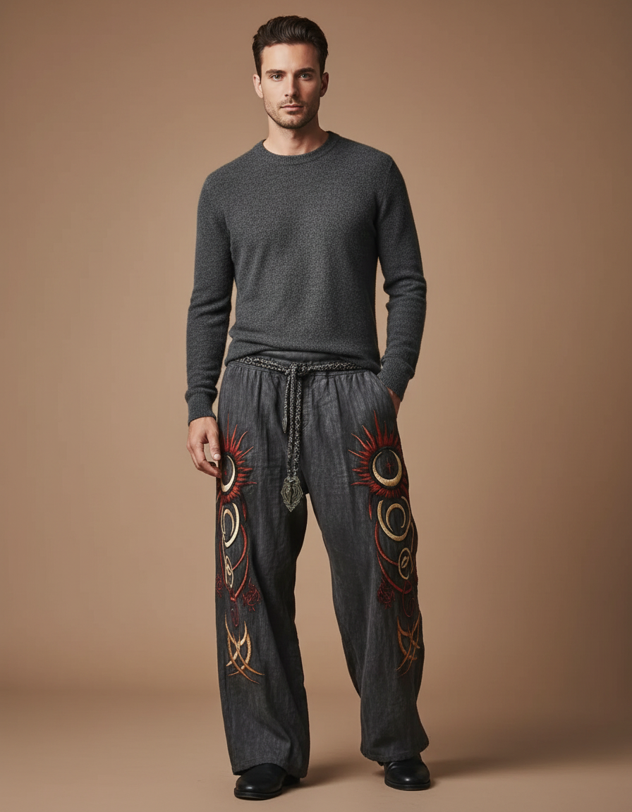 Pantalon Patte D'Éléphant Gris Brodé Ethnique Ample Décontracté - Lin