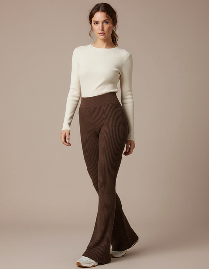 Pantalon Patte D'Éléphant Marron Côtelé Taille Haute Stretch - Maille