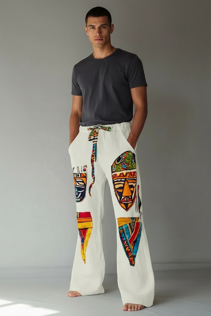 Pantalon Patte D'Éléphant Lin Blanc Ethnique Masques Africains Homme