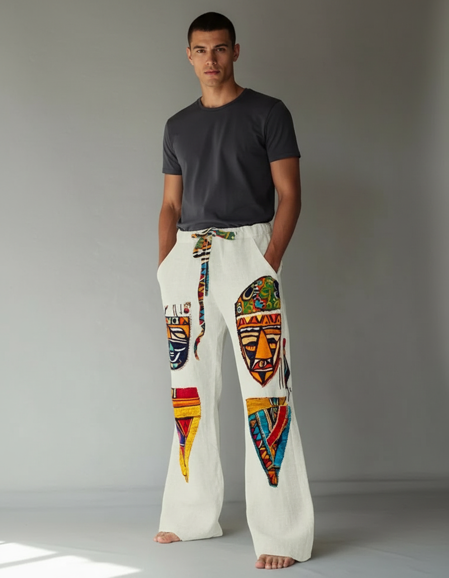 Pantalon Patte D'Éléphant Lin Blanc Ethnique Masques Africains Homme