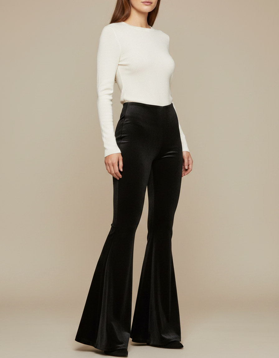 Pantalon Patte D'Éléphant Noir Velours Taille Haute Évasé