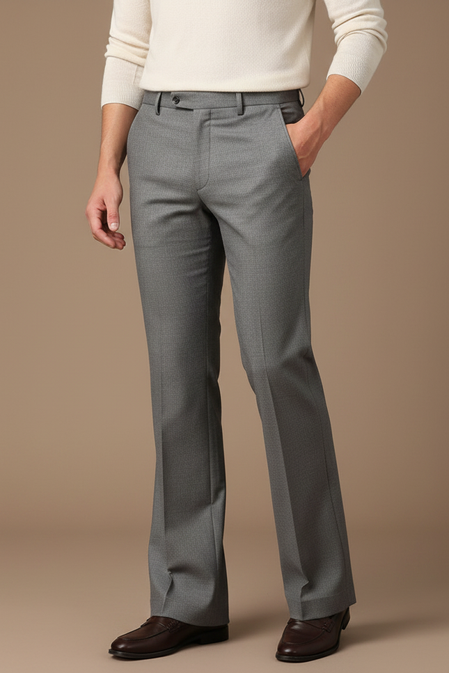Pantalon Patte D'Éléphant Gris, Laine, Coupe Droite, Élégant