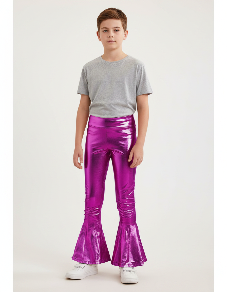 Pantalon Patte D'Éléphant Métallisé Brillant Fuchsia Évasé Enfant - Rose Polyester